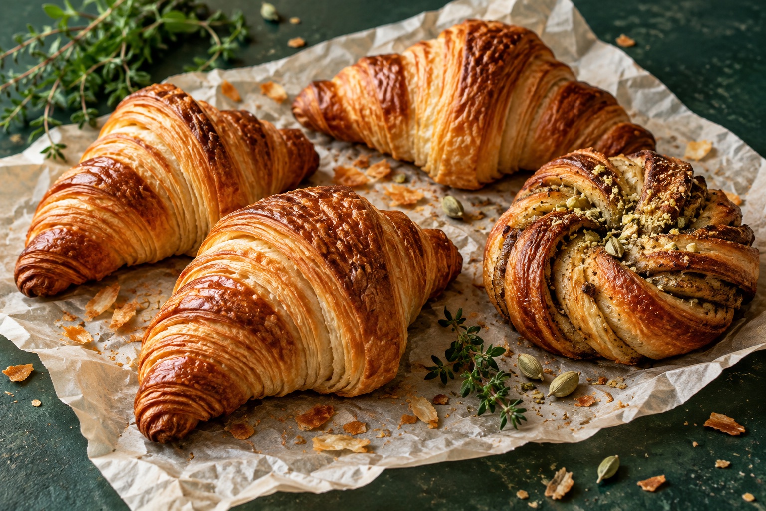 Illustrative AI study of golden croissants and a cardamom bun on parchment